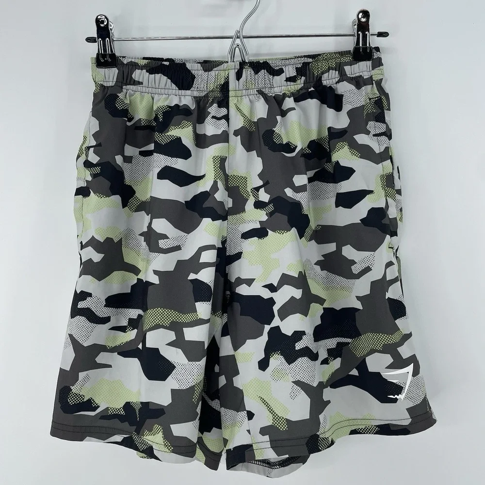 Gymshark Men's Small Camo Training‎ Shorts Green Black Drawstring Athletic Gym